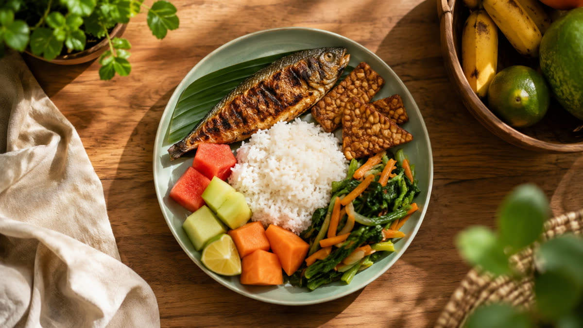 Piring makan berisi nasi, ikan, tumis sayur hijau, dan potongan buah segar di atas meja kayu