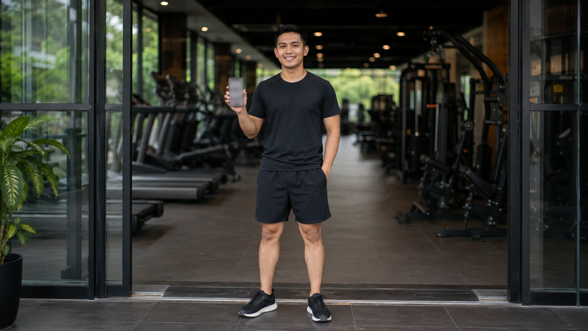 Seseorang membuka aplikasi peta di ponsel untuk mencari lokasi gym terdekat di depan sebuah pusat kebugaran