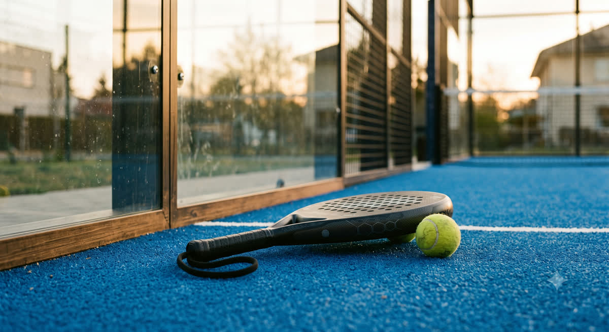 Dua pemain padel pemula sedang rally di lapangan berdinding kaca dengan raket padel solid